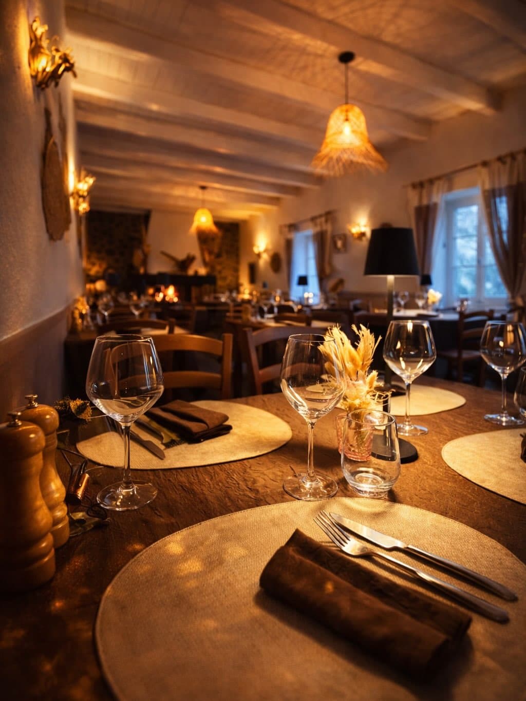 La salle du restaurant le soir, tables dressées à la lueur des lampes